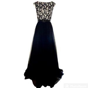 AIDON MATTOX Lace + Tulle Full Skirt Bateau Neck Belted Gown Dress SIZE 4